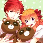  1girl :d bad_id bad_pixiv_id bow earrings gekkan_shoujo_nozaki-kun hair_bow holding jewelry mikoshiba_mikoto open_mouth orange_hair polka_dot polka_dot_bow purple_eyes raccoon red_eyes red_hair rouman_academy_uniform sakura_chiyo school_uniform smile stuffed_animal stuffed_toy suzushiro tanuki 