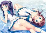  absurdres arm_support ass bare_shoulders blue blue_eyes blush bra bra_strap breasts brown_hair cleavage dress highres hiradaira_chisaki kantoku long_hair long_legs looking_at_viewer looking_back lying mukaido_manaka multiple_girls nagi_no_asukara non-web_source off_shoulder on_back on_stomach open_mouth panties pantyshot parted_lips partially_submerged pleated_skirt purple_hair sailor_dress scan scrunchie side_ponytail skirt sleeveless small_breasts socks thigh_gap underwear wavy_mouth wet wet_clothes white_bra white_legwear white_panties wrist_scrunchie 