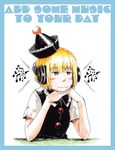  blonde_hair border chin_rest english hat headphones lunasa_prismriver maruhachi_(maruhachi_record) musical_note short_hair simple_background smile solo touhou white_background yellow_eyes 