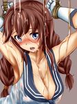  armpits arms_up blue_eyes blush braid breasts brown_hair cleavage collarbone gloves ishii_hisao kantai_collection large_breasts long_hair noshiro_(kantai_collection) open_mouth restrained school_uniform serafuku solo twin_braids upper_body wet wet_clothes white_gloves 