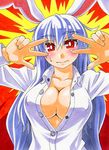  animal_ears blouse blush breasts bright_pupils bunny_ears covered_nipples double_v kawachi_koorogi large_breasts long_hair marker_(medium) no_bra open_clothes open_shirt purple_hair red_eyes reisen_udongein_inaba shirt skirt solo touhou traditional_media v v_over_eye 