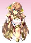 absurdres aqua_eyes ar_nosurge gradient gradient_background hair_ornament highres ionasal_kkll_preciel light_brown_hair long_hair looking_at_viewer navel ntny official_art simple_background smile solo surge_concerto 