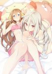  :o ar_nosurge arm_support bed_sheet bikini blue_eyes brown_hair casty_rianoit character_request ionasal_kkll_preciel long_hair looking_at_viewer lying multiple_girls ntny on_back pink_bikini red_eyes surge_concerto swimsuit white_hair 