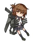  anchor brown_eyes brown_hair chibi folded_ponytail half_updo inazuma_(kantai_collection) kantai_collection looking_at_viewer machinery plus9 sleeves_past_wrists smile solo turret 