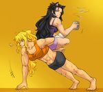  abs animal_ears black_hair blake_belladonna blonde_hair breasts cat_ears cleavage cup dl exercise extra_ears large_breasts looking_back makeup mug multiple_girls muscle muscular_female paper person_on_back purple_eyes push-ups rwby simple_background sitting sitting_on_person smile sports_bra steam tank_top yang_xiao_long yellow_eyes 
