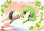  :o blush garden_(game) green_eyes green_hair leaf legs long_hair lying otokawa_sayo ozawa_yuu pillow skirt solo sweater 