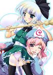  blush broom ghost green_eyes hat highres kakei_hidetaka konpaku_youmu konpaku_youmu_(ghost) md5_mismatch multiple_girls one_eye_closed panties pink_hair purple_eyes saigyouji_yuyuko silver_hair striped striped_panties thighhighs touhou underwear 