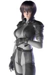  3d black_hair bodysuit brown_eyes fingerless_gloves ghost_in_the_shell ghost_in_the_shell_stand_alone_complex gloves highres hinemaru jacket kusanagi_motoko leather lips md5_mismatch solo unzipped 