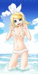  bikini blonde_hair blue_eyes day fang headphones headset highres kagamine_rin kitano_tomotoshi kneeling polka_dot polka_dot_bikini polka_dot_swimsuit project_diva project_diva_(series) short_hair solo swimsuit swimwear_(module) vocaloid 