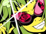  aaii glasses green_hair grin gumi high_contrast lens_flare parody smile solo style_parody tengen_toppa_gurren_lagann vocaloid 