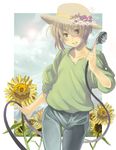  bad_id bad_pixiv_id blonde_hair blush casual flower hat hose original platinumcorundum short_hair sleeves_pushed_up solo straw_hat sunflower yellow_eyes 