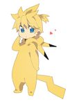  bad_id bad_pixiv_id blonde_hair blue_eyes chibi cosplay costume gen_1_pokemon heart kagamine_len male_focus parody pikachu pikachu_(cosplay) pokemon simple_background solo unnamed vocaloid white_background 