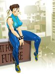  bare_shoulders blue_bodysuit bodysuit bracelet braid breasts brown_eyes brown_hair chinese_clothes chun-li covered_nipples double_bun double_vertical_stripe hair_ribbon jewelry large_breasts legs muscle ribbon shimotsuki_juugo shoes sitting skin_tight sneakers solo spandex street_fighter thick_thighs thighs unitard 