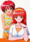 90s :d bangs bare_arms blue_eyes collarbone fujisaki_shiori hairband hand_on_another's_shoulder hinomoto_hikari kokura_masashi looking_at_viewer mole mole_under_eye multicolored_shirt multiple_girls official_art open_mouth red_eyes red_hair scan short_sleeves smile striped striped_tank_top tank_top tokimeki_memorial tokimeki_memorial_1 tokimeki_memorial_2 watch wristwatch 
