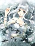  afloat bad_id bad_pixiv_id bare_shoulders black_eyes breasts bug butterfly cleavage copyright_request dress flower frills glowing hair_ribbon insect long_hair medium_breasts petals ran_(artist) ribbon rose silver_hair solo wet 