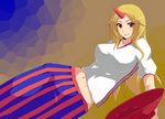  alcohol bad_id bad_pixiv_id blonde_hair blush breasts cup horn hoshiguma_yuugi jont large_breasts long_hair long_skirt midriff red_eyes sakazuki sake skirt smile solo touhou 