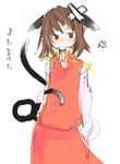  animal_ears bandaid brown_eyes brown_hair cat_ears cat_tail chen earrings jewelry multiple_tails nasubi short_hair sketch solo tail torn_clothes touhou translated 