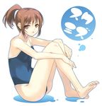  barefoot brown_eyes brown_hair competition_school_swimsuit copyright_request covered_navel dasoku_sentarou feet leg_hug one-piece_swimsuit ponytail sitting solo swimsuit 