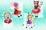  alternate_hairstyle animal_ears ascot blonde_hair blue_eyes blue_hair cat_ears cat_tail cirno cosplay dress eyes frog hairband hat horn hoshiguma_yuugi kaenbyou_rin kazami_yuuka kazami_yuuka_(cosplay) komeiji_satori leaf long_hair looking_at_viewer medicine_melancholy medicine_melancholy_(cosplay) moriya_suwako moriya_suwako_(cosplay) multiple_girls multiple_tails ogu_(oguogu) plaid plaid_skirt plaid_vest purple_eyes purple_hair red_dress red_eyes red_hair rope sandals short_hair skirt skirt_set skull su-san su-san_(cosplay) tail touhou translation_request umbrella vest wings yasaka_kanako yasaka_kanako_(cosplay) zombie_fairy 