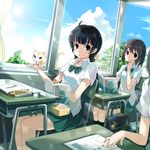  :o armcho bag black_hair blurry book cat classroom cloud day depth_of_field desk english eraser feeding food hands indoors lens_flare mechanical_pencil multiple_girls original pencil sandwich satchel school_desk school_uniform sitting studying sunlight window 