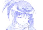  blue blush bow closed_eyes isao_(bb) kunihiro_hajime monochrome ponytail saki short_hair sketch smile solo traditional_media 