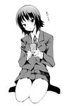  atsuko bad_id bad_pixiv_id blazer can greyscale jacket kneeling minami-ke monochrome necktie school_uniform solo translated tsutsui 