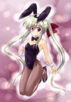  animal_ears bunny_ears bunnysuit einhart_stratos green_hair heterochromia jumping long_hair lyrical_nanoha mahou_shoujo_lyrical_nanoha_vivid masakichi_(crossroad) pantyhose solo twintails 