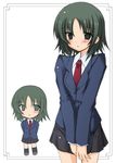  arms_behind_back asakura_saki atsuko blush chibi green_eyes green_hair minami-ke necktie open_mouth school_uniform short_hair skirt triangle_mouth 