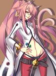  animal_ears bad_id bad_pixiv_id bell black_panties blazblue bracelet candy cat_ears cat_tail flat_chest food glasses grin groin hand_on_hip jewelry kokonoe lollipop long_hair lowleg midriff momiagenberugu mouth_hold multiple_tails orange_eyes panties pants pince-nez pink_hair ponytail red_pants smile solo tail thong toothpick underwear 