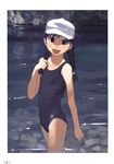  absurdres black_eyes black_school_swimsuit braid child copyright_request flat_chest grey hat highres muted_color one-piece_swimsuit school_swimsuit smile solo swimsuit takamichi twin_braids water 
