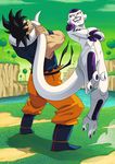  blue_footwear boots dragon_ball dragon_ball_z frieza godtail green_sky male_focus multiple_boys namek son_gokuu strangling tail torn_clothes 