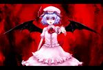  bad_id bad_pixiv_id bat_wings blue_hair hat kuroino_(kuroyashiro) pointing red_eyes remilia_scarlet short_hair solo touhou wings 