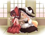  blonde_hair first_aid hair_up hakurei_reimu hat kirisame_marisa long_hair multiple_girls pecoe tatami topless touhou witch_hat 