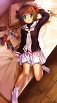  antenna_hair bed bed_sheet blush brown_hair card cardcaptor_sakura change_(clow_card) child clow_card green_eyes hair_bobbles hair_ornament jump_(clow_card) kinomoto_sakura lying lying_card mutsuki_(moonknives) on_back ribbon school_uniform shadow_(clow_card) sheet_grab short_hair short_twintails smile socks solo tomoeda_elementary_school_uniform twintails white_legwear 