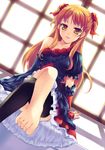  barefoot brown_eyes brown_hair crossed_legs elbow_gloves feet fingerless_gloves flower gloves hair_ribbon mifumi_takafumi ogata_rina pov_feet ribbon single_thighhigh sitting solo thighhighs toes white_album 