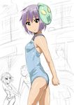  2girls bad_id bad_pixiv_id koizumi_itsuki kyon mask multiple_boys multiple_girls nagato_yuki one-piece_swimsuit purple_hair short_hair suzumiya_haruhi suzumiya_haruhi_no_yuuutsu swimsuit tomihero yellow_eyes 