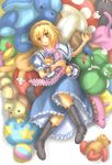  alice_margatroid bad_id bad_pixiv_id blonde_hair dress hairband hino_ryuu lying shanghai_doll short_hair solo stuffed_animal stuffed_toy tears touhou toy 