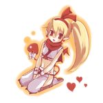  bad_id bad_pixiv_id bat_wings blonde_hair bow cosplay demon_girl disgaea fang flat_chest flonne flonne_(fallen_angel) hair_ribbon heart kmj kunoichi_(disgaea) kunoichi_(disgaea)_(cosplay) long_hair pointy_ears ponytail red_eyes red_wings ribbon seiza sitting solo tail tail_bow wings 