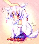  animal_ears bad_id bad_pixiv_id bare_shoulders chocolat_(momoiro_piano) colorful detached_sleeves inubashiri_momiji kneeling out_of_frame petting red_eyes short_hair silver_hair solo_focus tail tail_wagging touhou wolf_ears wolf_tail 