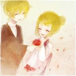  1girl bad_id bad_pixiv_id blonde_hair blue_eyes brother_and_sister flower japanese_clothes kagamine_len kagamine_rin pechika petals short_hair siblings smile twins vocaloid 