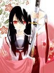  black_hair japanese_clothes katana kimono long_hair mouth_hold original red_eyes school_uniform serafuku solo sword ushi_(ushi_manji) weapon 