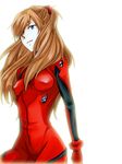  backlighting bad_id bad_pixiv_id bangs blue_eyes bodysuit bracer breasts brown_hair cowboy_shot evangelion:_2.0_you_can_(not)_advance from_side gloves hair_ornament hair_over_one_eye hips kaji_(t69) light_smile long_hair looking_at_viewer neon_genesis_evangelion number pilot_suit plugsuit rebuild_of_evangelion shikinami_asuka_langley simple_background skinny small_breasts smile solo souryuu_asuka_langley turtleneck two_side_up white_background 