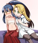  blonde_hair blue_hair bushidou_(sekaiju) dan_(orange_train) green_eyes hakama japanese_clothes medic_(sekaiju) multiple_girls no_shirt pantyhose red_hakama sarashi sekaiju_no_meikyuu yellow_eyes yuri 