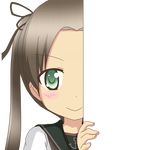  ayanami_(kantai_collection) bow brown_hair eyebrows_visible_through_hair green_eyes hair_bow hair_ornament hair_ribbon kantai_collection long_hair looking_at_viewer nagineko peeking_out ribbon school_uniform serafuku solo transparent_background 