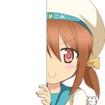  :3 batsubyou brown_eyes brown_hair c: cat error_musume eyebrows_visible_through_hair girl_holding_a_cat_(kantai_collection) hair_ornament hair_ribbon hat kantai_collection looking_at_viewer nagineko peeking_out ribbon school_uniform serafuku shoshinsha_mark smile transparent_background 