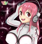  bad_id bad_pixiv_id bodysuit breasts headphones herukerua highres large_breasts long_hair looking_at_viewer nitroplus open_mouth pink_eyes pink_hair smile solo super_sonico 