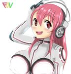  bad_id bad_pixiv_id bodysuit breasts headphones herukerua highres large_breasts long_hair looking_at_viewer nitroplus open_mouth pink_eyes pink_hair smile solo super_sonico 