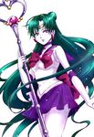  back_bow bishoujo_senshi_sailor_moon bow brown_bow choker earrings ginnan gloves green_hair hair_bun holding holding_staff jewelry long_hair magical_girl meiou_setsuna pink_eyes purple_choker purple_skirt sailor_pluto sailor_senshi_uniform simple_background skirt solo staff tiara very_long_hair white_background white_gloves 