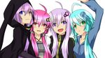  ahoge alternate_hair_color aqua_hair eyebrows_visible_through_hair green_eyes hair_ornament heterochromia highres hood long_hair low_twintails multiple_girls multiple_persona nagineko open_mouth purple_eyes purple_hair red_eyes red_hair smile twintails vocaloid voiceroid yuzuki_yukari 