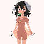  animal_ears black_hair bunny_ears carrot_necklace cato_(monocatienus) collarbone dress inaba_tewi jewelry pendant pink_background pink_dress red_eyes see-through see-through_silhouette short_hair simple_background solo touhou tupet 